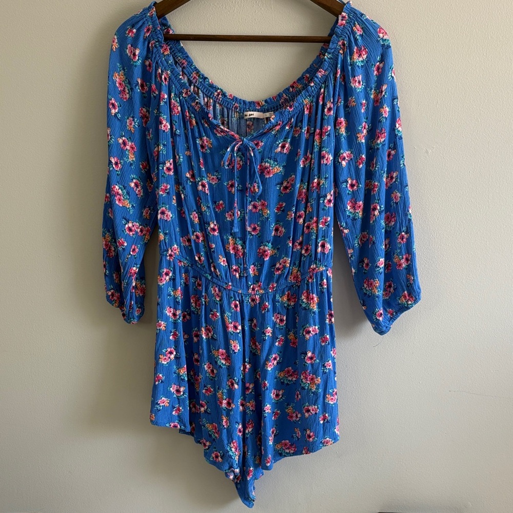 Mi Ami Blue Floral Romper Boho Peasant‎ Tie Neck Long Sleeve L